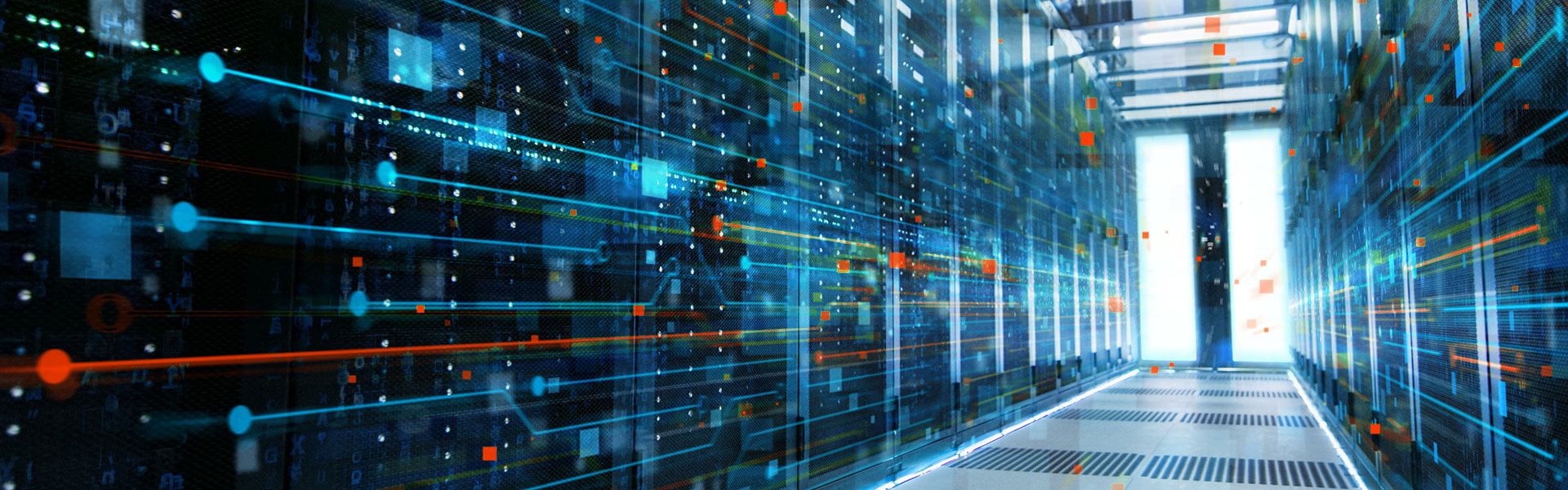 Data flows through a futuristic server room with digital overlays.