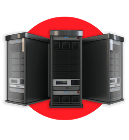 Three black server racks against a red circular backdrop.