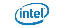 Intel logo with blue text and swoosh design.